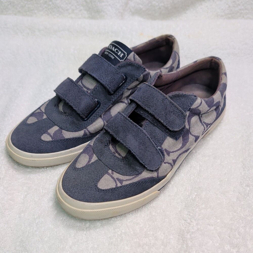 Coach Women Priya Sneakers Suede Trim Adjustable Strap Dusty Blue 6.5